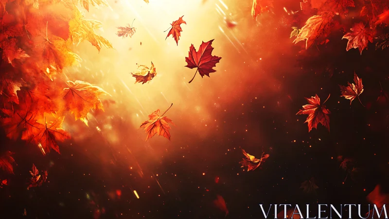 Golden autumn leaves drift gently through glowing light