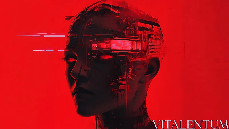 Cybernetic portrait in red glitch matrix with abstract circuitry design.