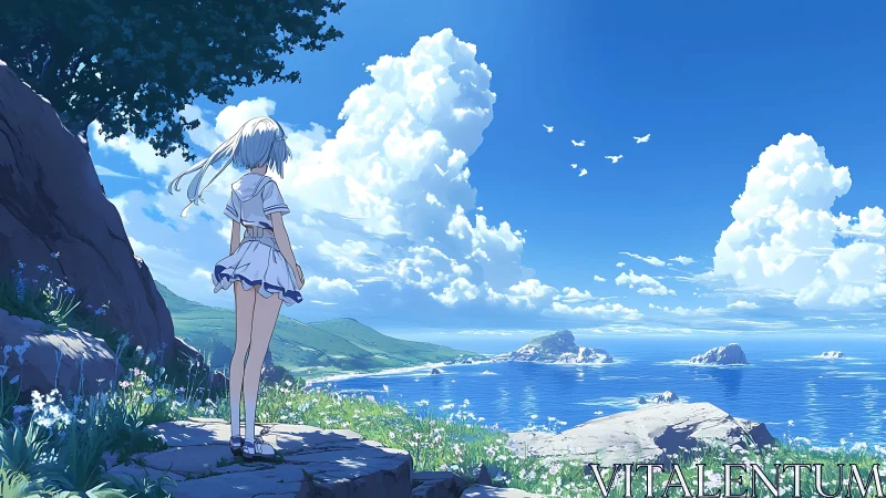 Girl on cliffside watches bright summer clouds over ocean