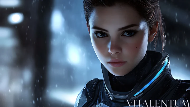 Calm young space guardian under falling night starlight.