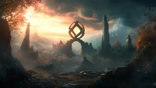 Ancient glowing gateway under a dreamy fantasy sunrise.