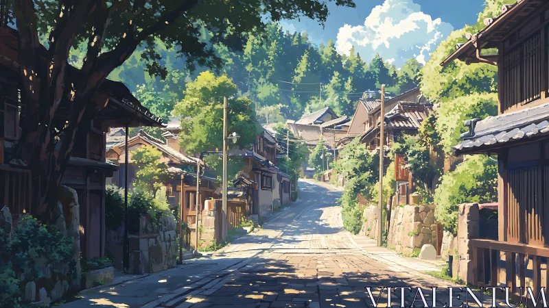 Sunlit hillside village street under towering summer trees.