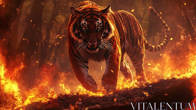 Tiger strides through forest wildfire in molten orange light.