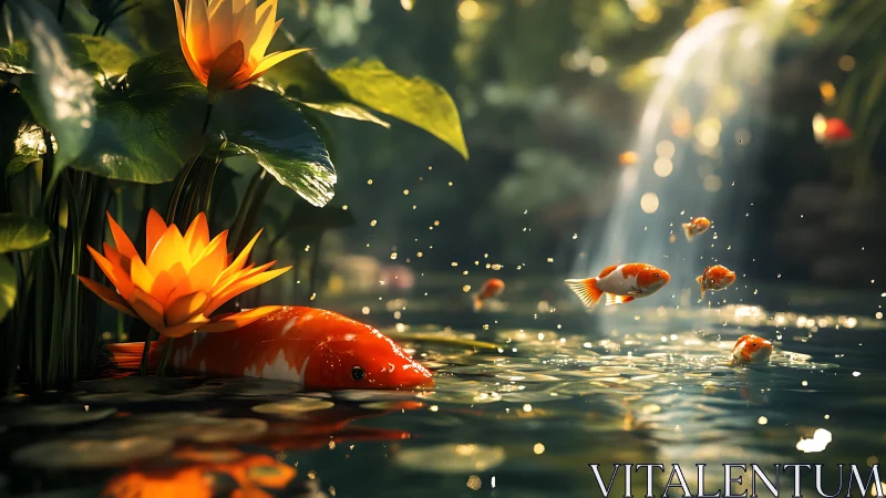 Koi fish in shallow pond with lilies and waterfall spray.