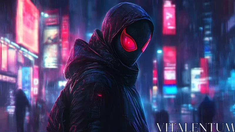 Cyberpunk hooded vigilante in neon-soaked rainy streetscape.