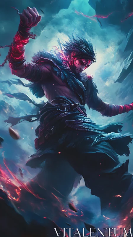Storm-lit warrior unleashes crimson magic in a shattered sky
