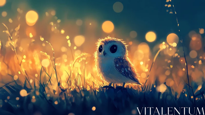 Whimsical baby owl in glowing grass, dreamy digital art style.
