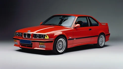 Red classic BMW coupe studio profile with sporty detailing.