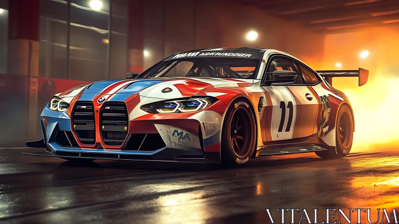 Racing BMW sports car with bold livery in fiery pit lane.