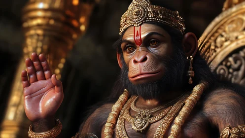 Regal simian deity in ornate golden temple setting.