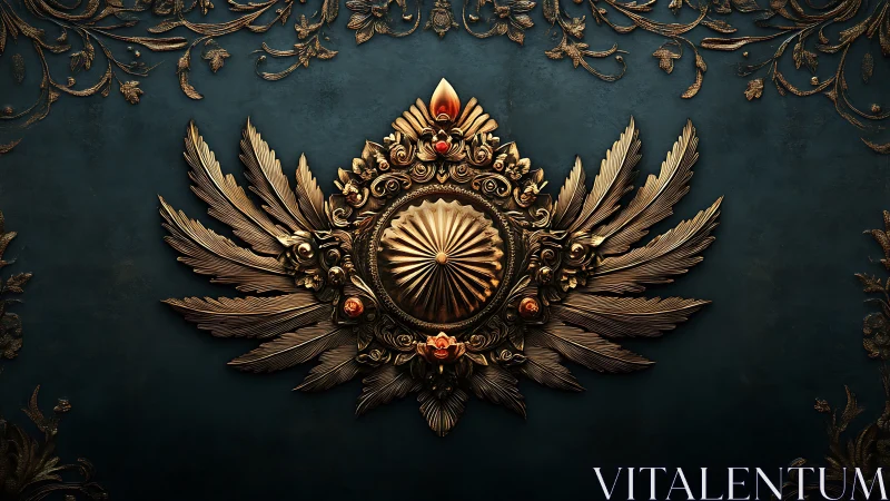 Ornate gold emblem with wings on dark teal background.