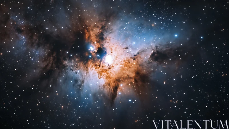 Star-forming nebula with bright core and dark dust lanes.