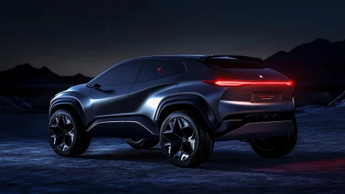 Electric SUV concept glows over dark desert landscape at night