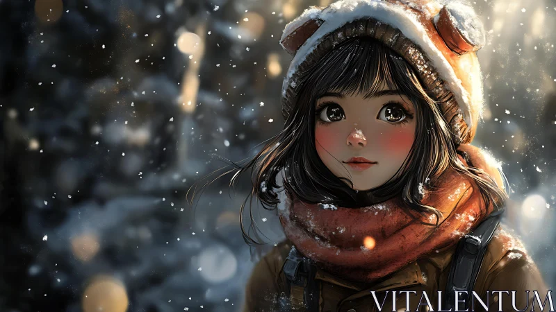 Winter portrait of girl in hat and scarf, soft snowfall.