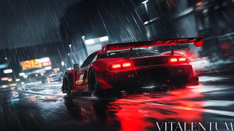Red drift car powers through neon city rain at speed