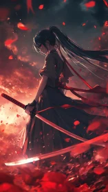 Samurai warrior stands in burning crimson storm field.