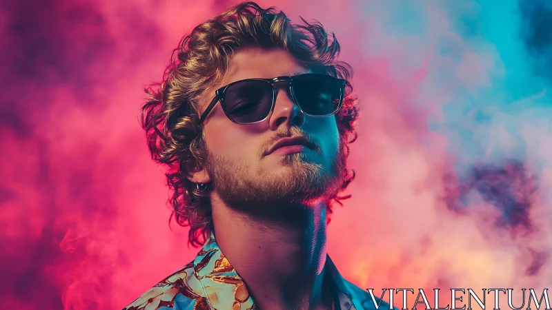 Neon-lit portrait of stylish man in sunglasses and smoke.