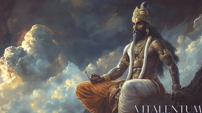 Majestic mythic king seated above stormlit heavens.