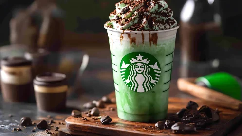 Starbucks mint frappuccino with whipped cream and chocolate.