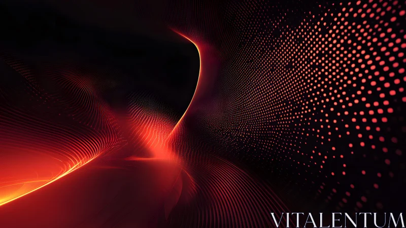 Abstract red neon wave with glowing dots and lines in digital art.