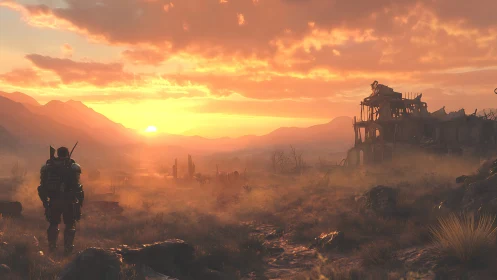 Lone wanderer crosses a ruined wasteland at burning sunset