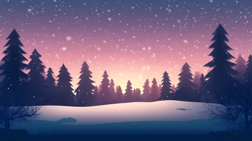 Digital winter forest landscape depicts snowfall at dusk