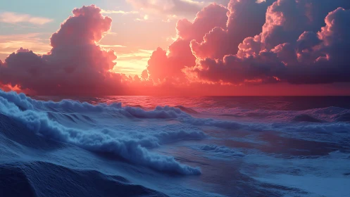 Sunlit clouds and rolling waves in a dreamy pastel seascape.