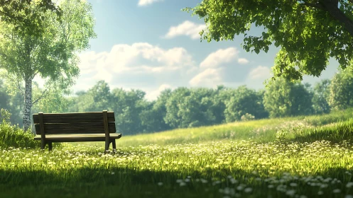 Wooden bench in sunlit meadow under green shade trees.