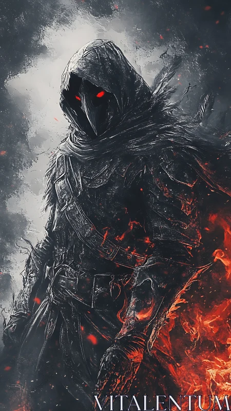 Hooded wraith warrior with ember-lit armor and blazing cloak.