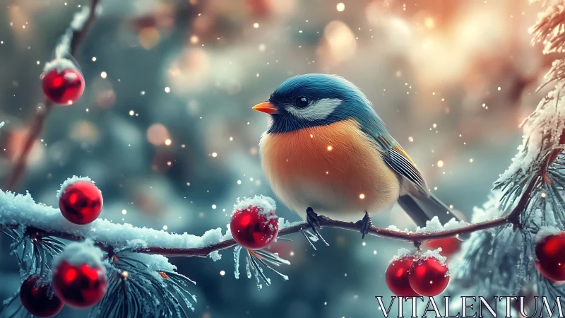 Small songbird sits on snowy branch with red ornaments