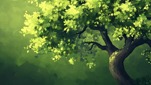 Lush Green Tree in Sunlight, Digital Painting Style.