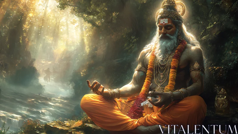 Serene forest yogi meditates in radiant, divine sunlight.