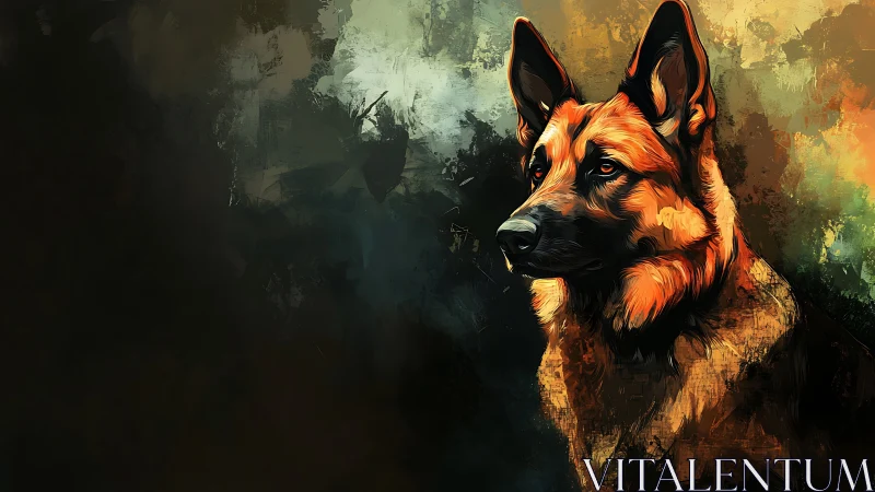 German shepherd portrait in high-contrast digital pigment rendering.