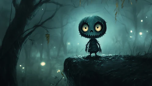 Wide-eyed forest creature confronts a haunted moonlit abyss.