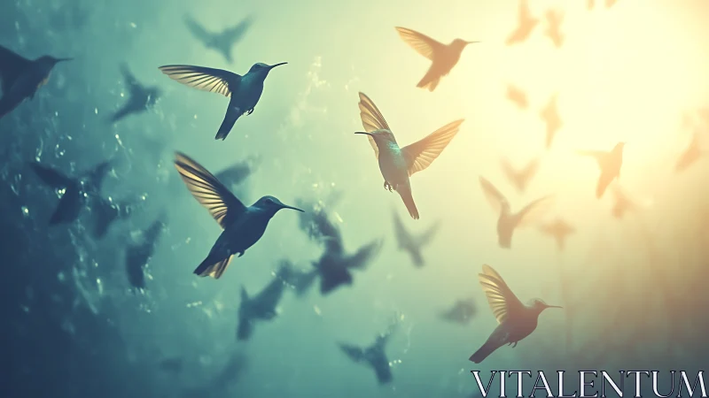 Hummingbirds in Flight Against Soft Sunlight, Dreamy Artistic Style.