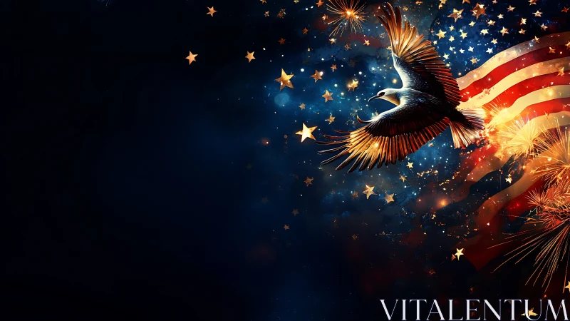 Digital patriotic eagle soaring past US flag and fireworks