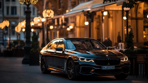Black luxury sedan parked on elegant city street at night.