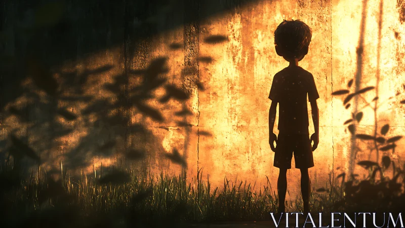 Silhouetted child stands in golden light against worn wall.