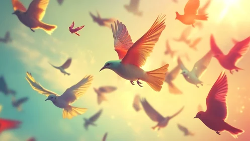 Color-graded flock of stylized birds under soft volumetric lighting