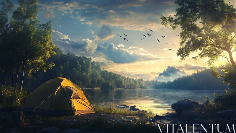 Yellow camping tent beside misty lake under sunrise sky