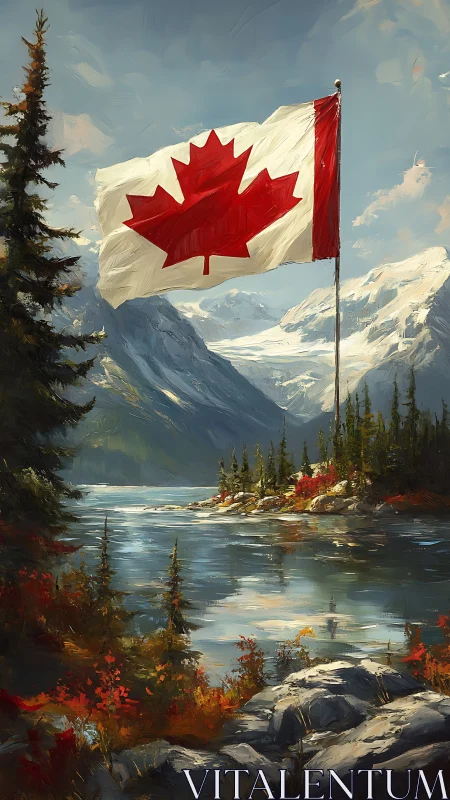 Canadian flag over mountain lake in autumn landscape.