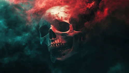 Luminous red and teal smoke envelops a hyperreal human skull