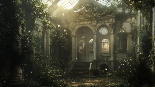 Overgrown glass hall with ivy and drifting butterflies.