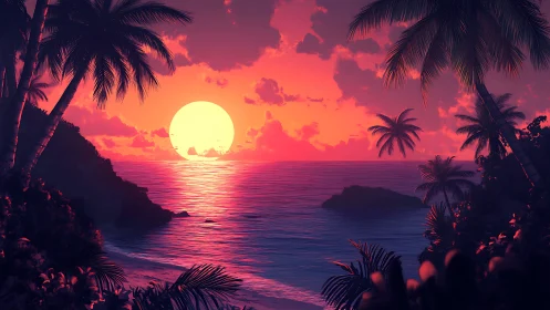 Sunset fills tropical ocean horizon behind silhouetted palms.