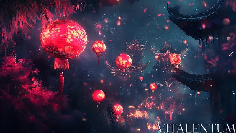 Lantern-lit pagoda city glows softly through misty midnight