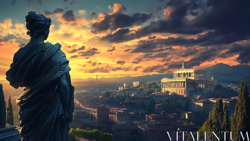 Sunset guardian watching over an ancient hilltop cityscape.