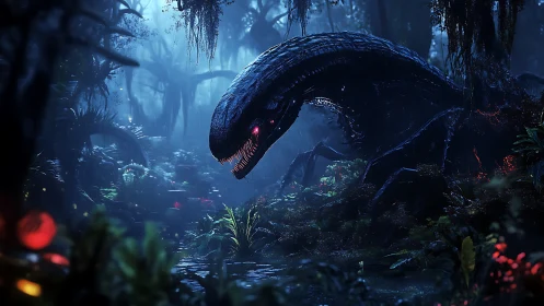 Alien serpent stalks through bioluminescent swamp at night