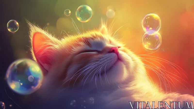 Glowing Cat with Floating Bubbles in Radiant Light.
