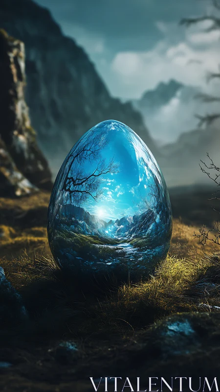 Mystic mountain egg cradling a secret reflected world.
