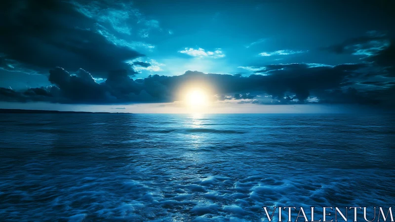 Midnight-tinted ocean sunrise ignites a luminous horizon.